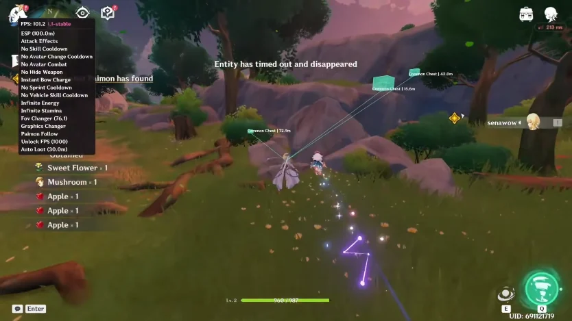 Genshin Cheats chest ESP — teal boxes, tracers, and distance labels on PC